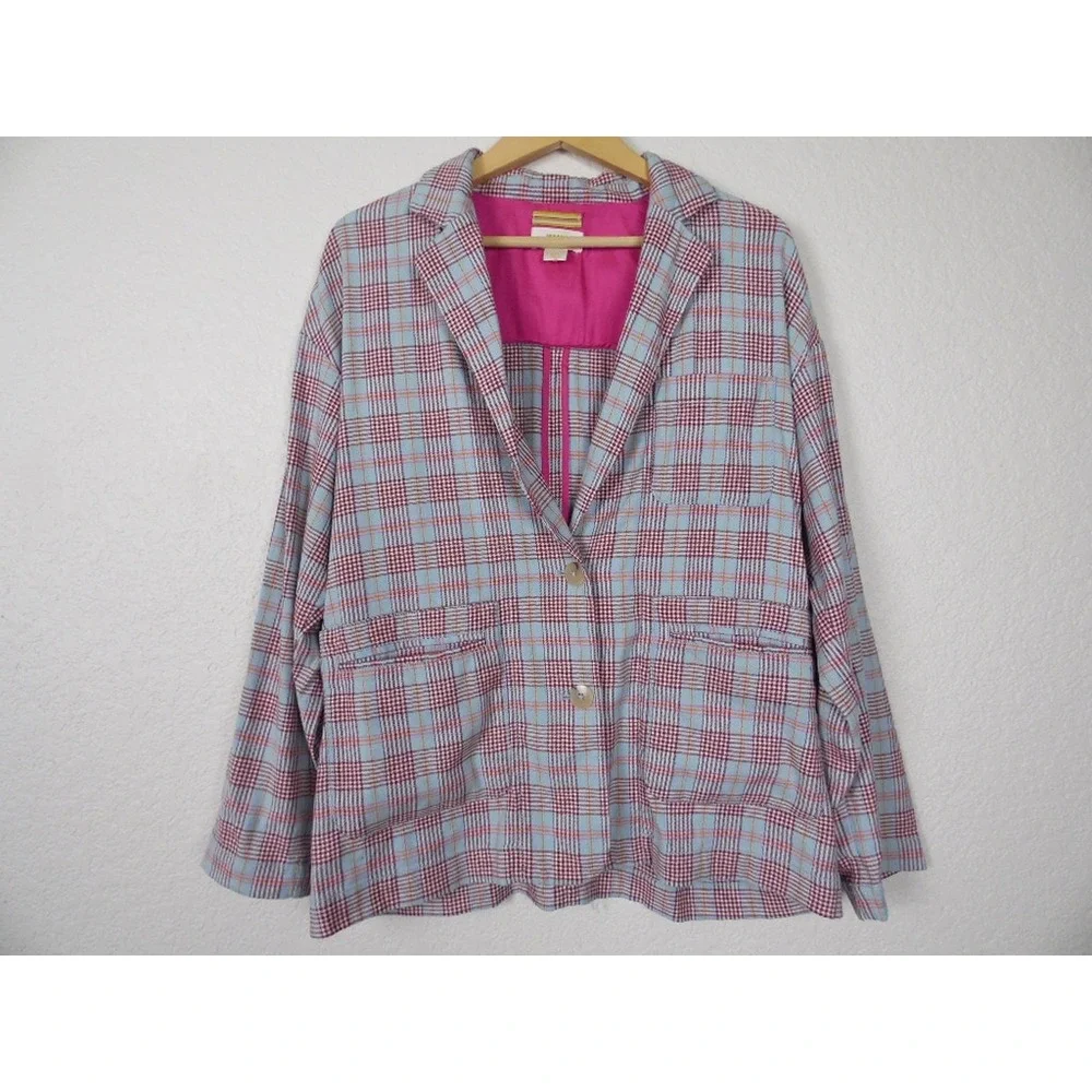 Maeve by Anthropologie Womens Plaid Blazer SZ XS Pink Blue Academia Button Front